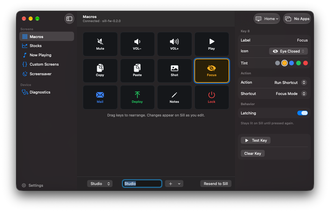 The Sill Mac app's Macros pane: a four-by-three grid of keys (Mute, volume, Play, Copy, Paste, Shot, Focus, Mail, Deploy, Notes, Lock) with the Focus key selected and its label, icon, tint, action and latching settings in the inspector.